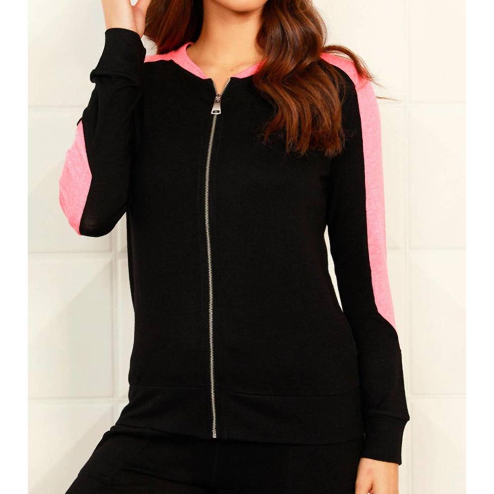 NEW FRENCH KYSS zip bomber jacket in black/coral